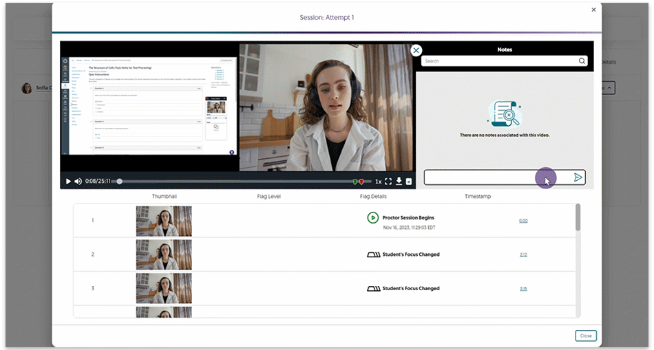 An instructor writing a note for an assessment recording they are reviewing. 