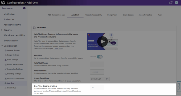 One-time credits for AutoPilot is shown on Panorama's add-ons page.