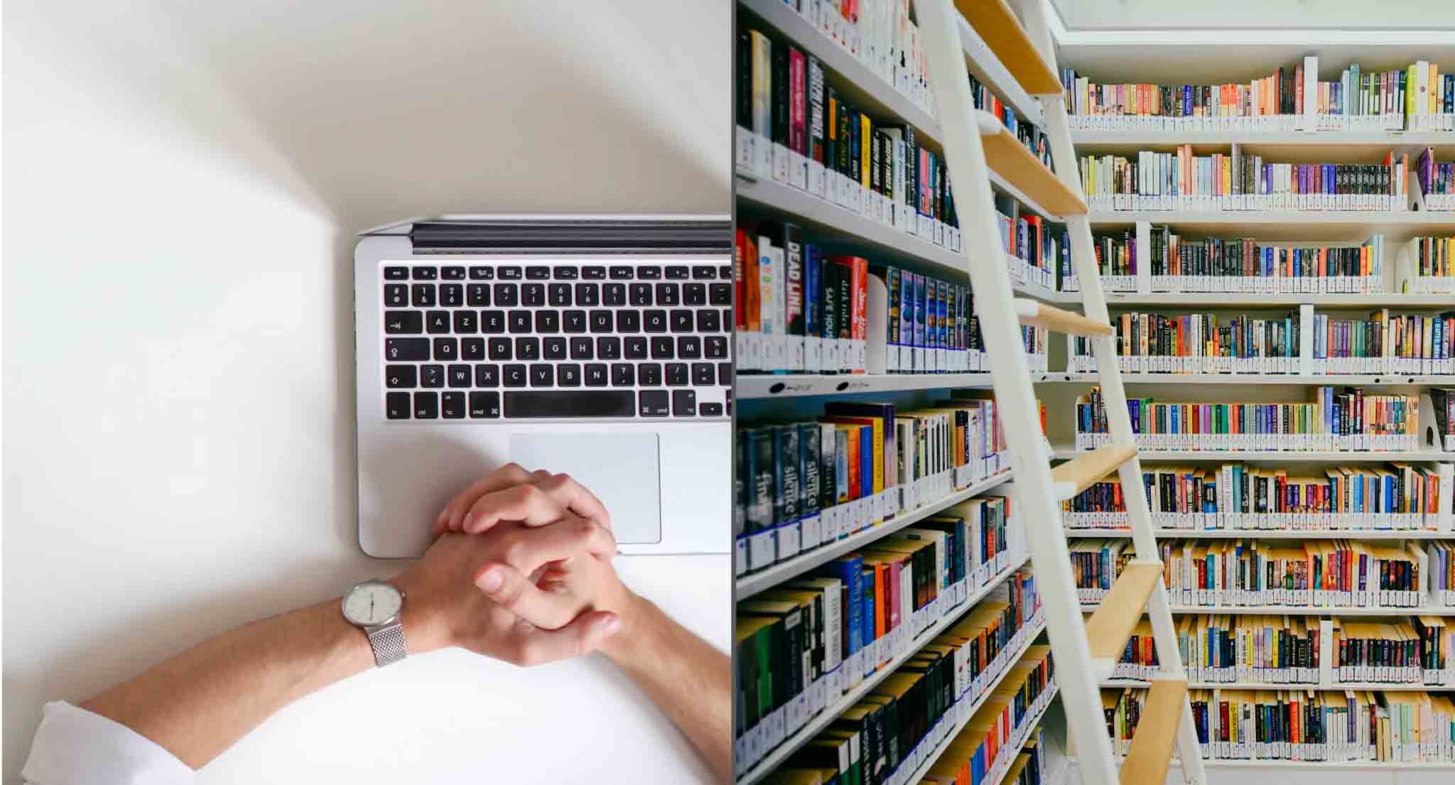 Two pictures of a person with a laptop and a book shelf.            