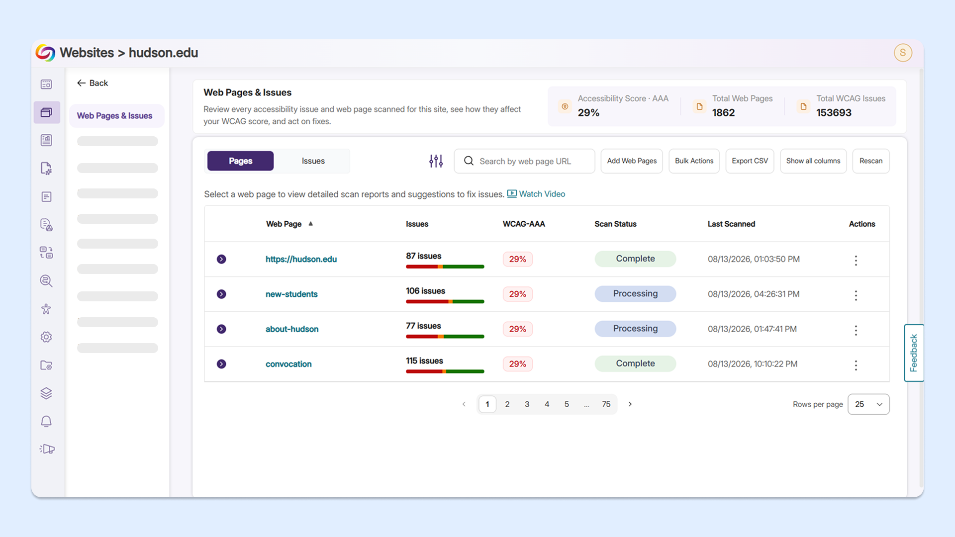 A revamped Pages panel: Users can now see all detected accessibility issues for each of their web pages without opening the Issues panel.