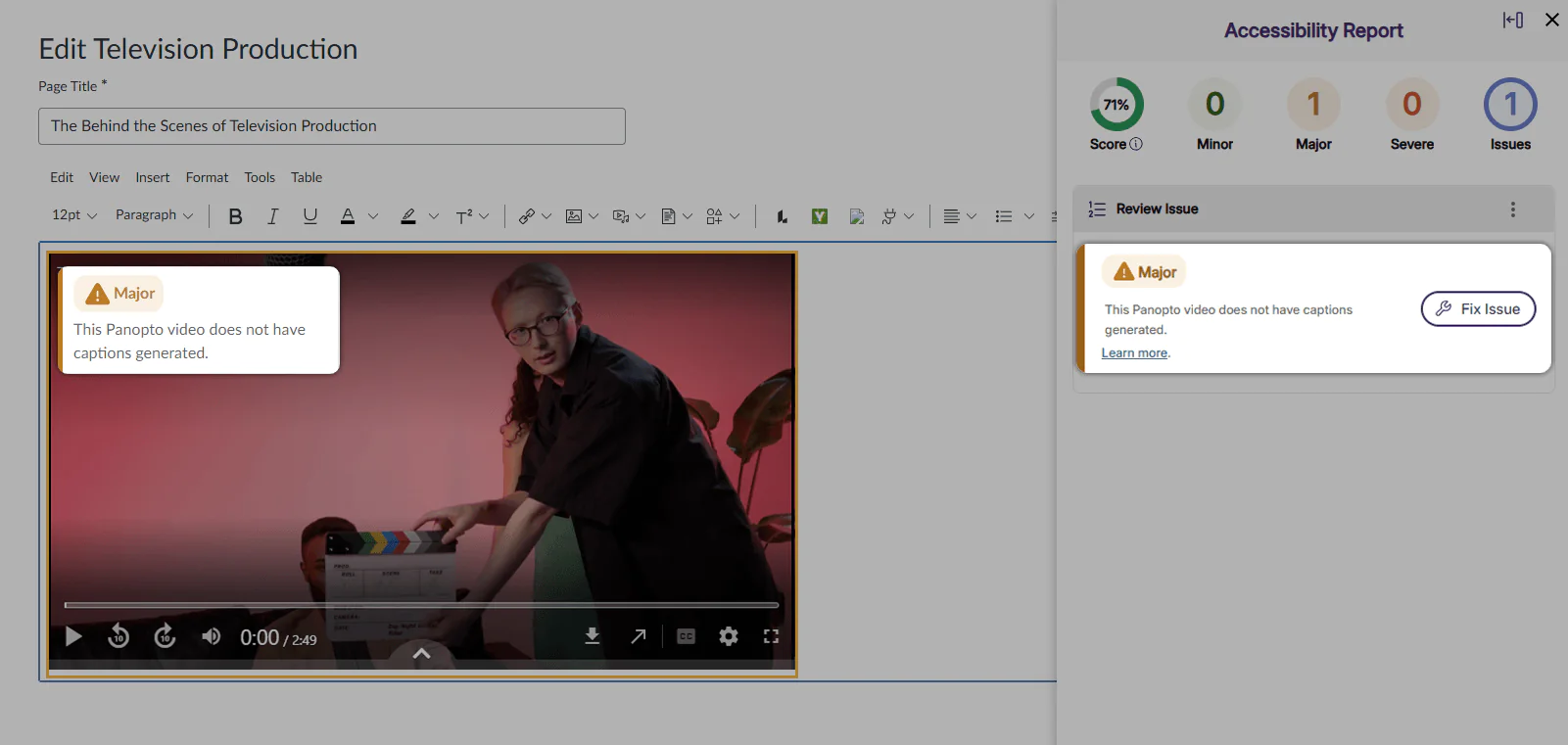 Panopto Video embedded in WYSIWYG editor being flagged for no captions.