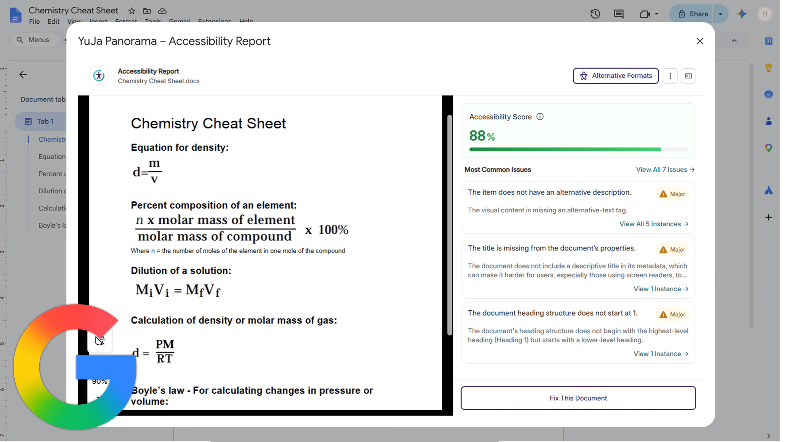 Screenshot of an accessibility report for a Google Doc showing an 88% accessibility score. The report highlights accessibility  issues such as missing alternative descriptions for images and provides options to view details and fix the document.