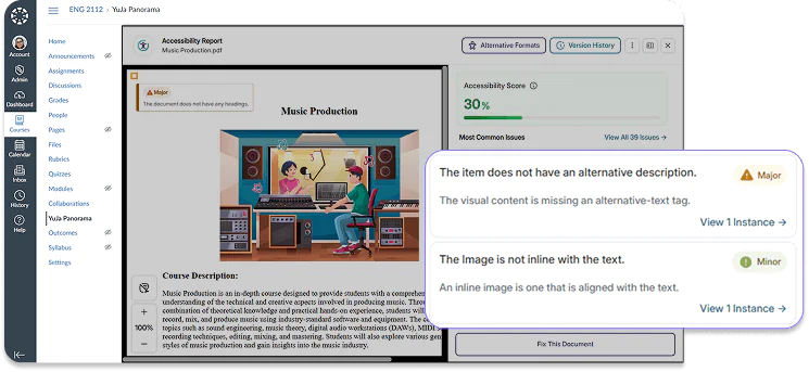 Panorama is open in Canvas with Major and Minor issues overlayed.
