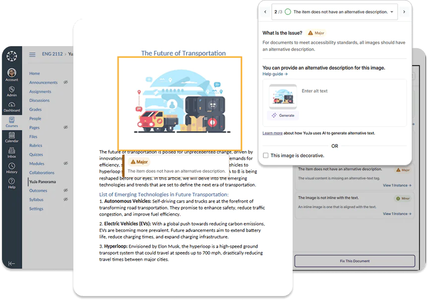 A document in Canvas with an issue highlighted and detailed in Panorama.