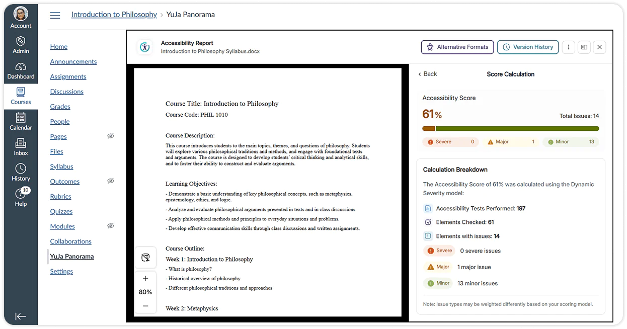 The Panorama Accessibility Report open inside an LMS.
