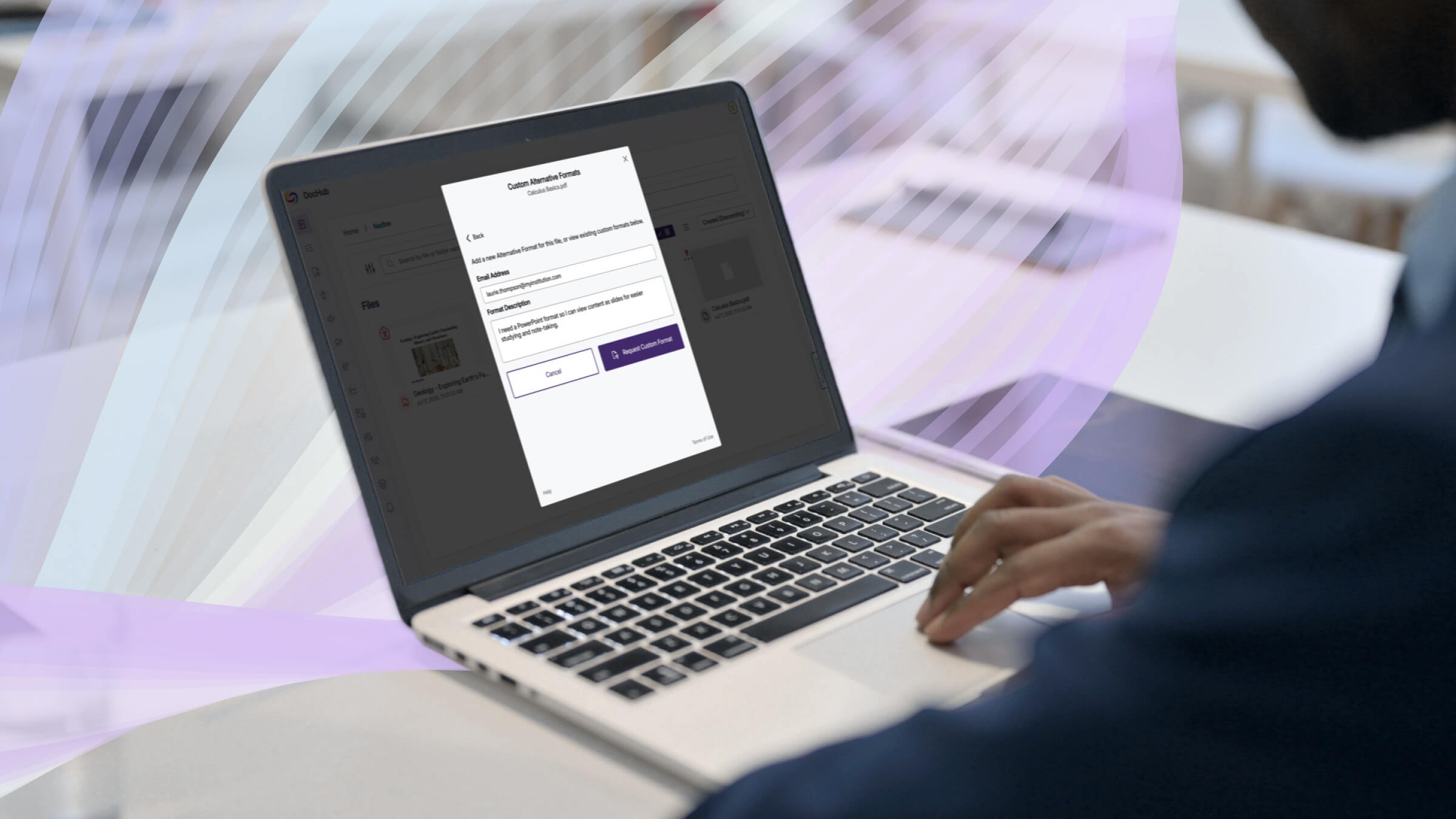 A laptop displays the new CustomFormats Module.