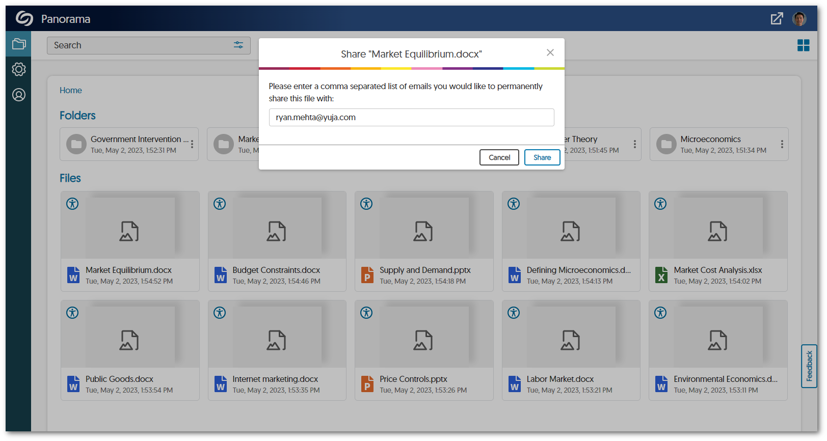 Sharing a file inside Panorama's My Content repository. 