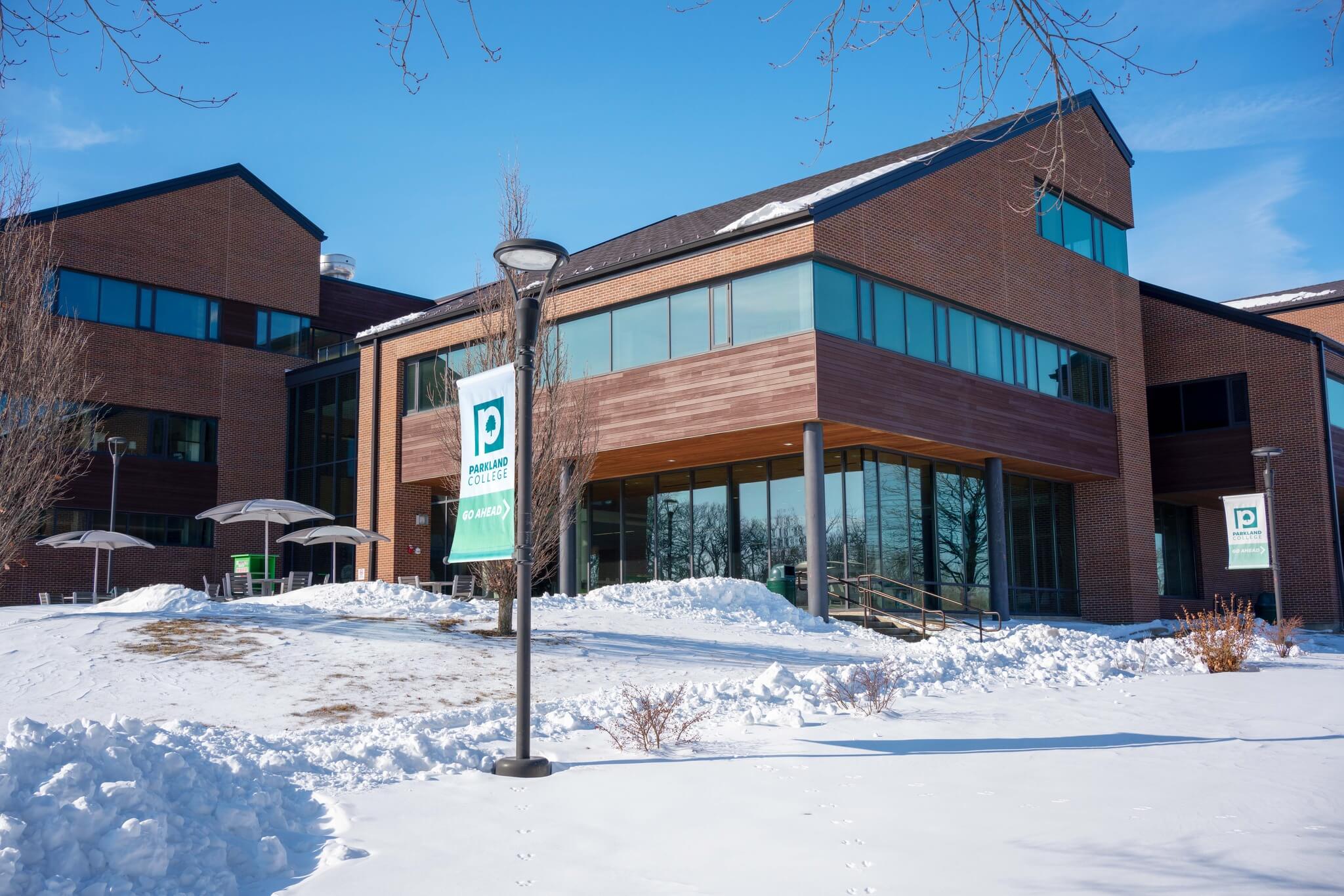 Parkland College building in winter.
