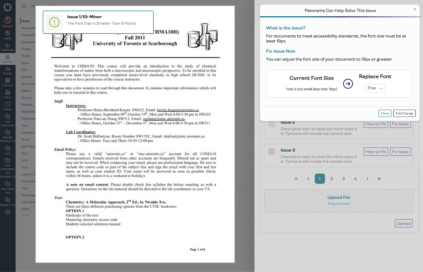 Screenshot showing a document with a font size issue, an issue notification and how to adjust the font size.