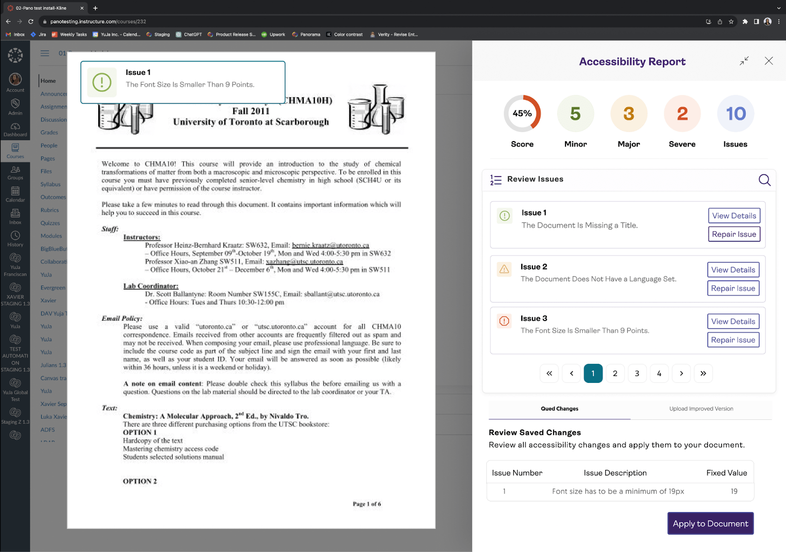 Screenshot of the accessibility report with a paginated list of issues for remediation.