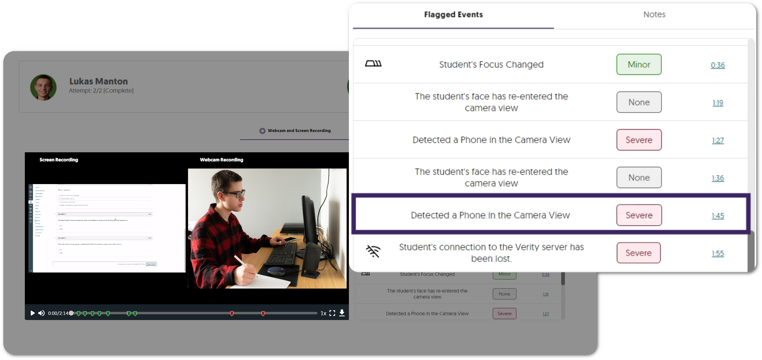 A webcam recording of a student's testing environment shows a phone. The event is flagged in the results table. 