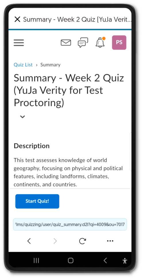 A D2L Brightspace assessment is shown in the Mobile App.