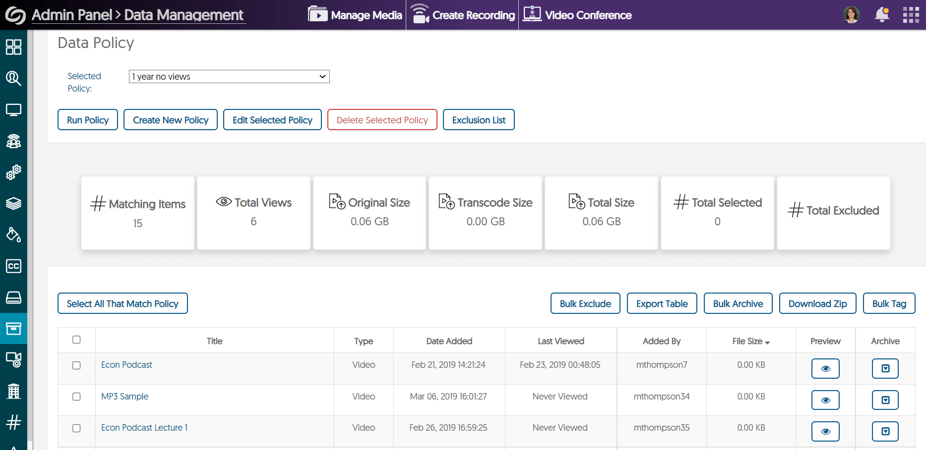 data management screen shot