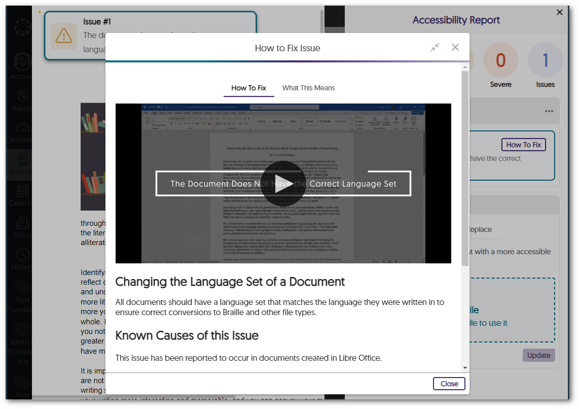 A pop-out view of the how to fix issues modal.