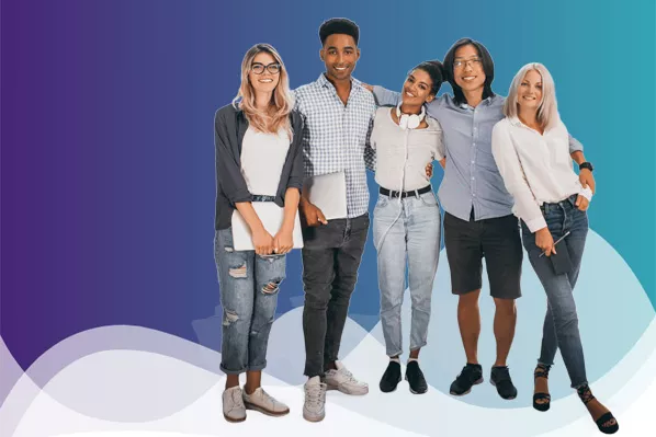 A group of people standing in front of a blue and purple background.