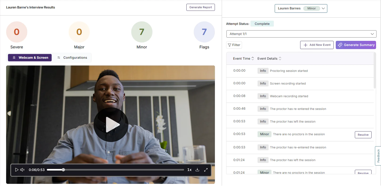 Interview proctoring session with an interviewee on camera and flagged events.