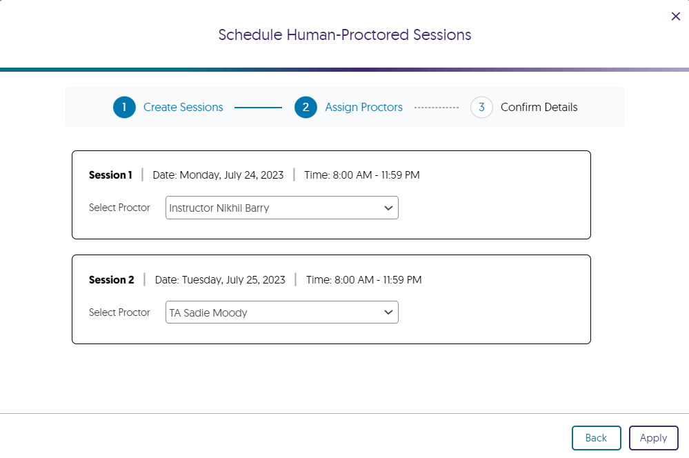  Image shows the human-proctored session proctor assignment page.