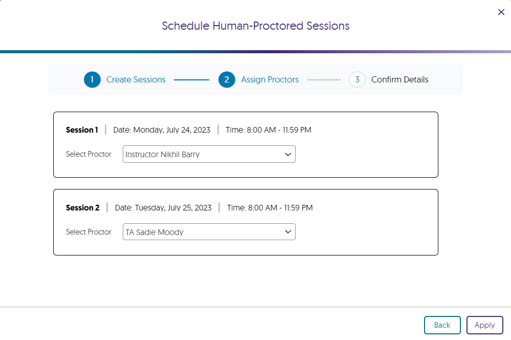Image shows the human-proctored session proctor assignment page.