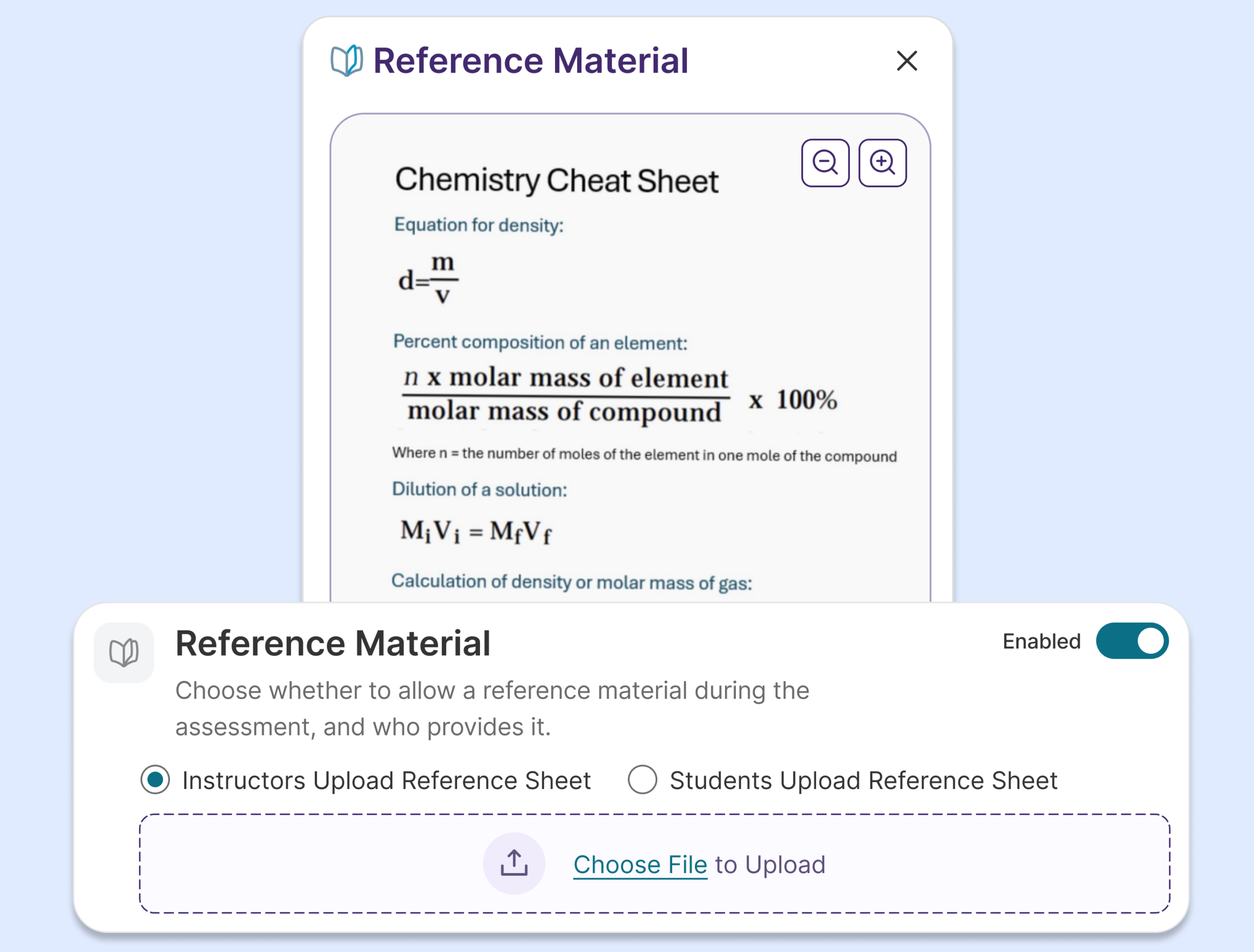 A Reference Material toggle in a modal layered on top of the Reference Material dialogue box in a Verity proctored assessment.