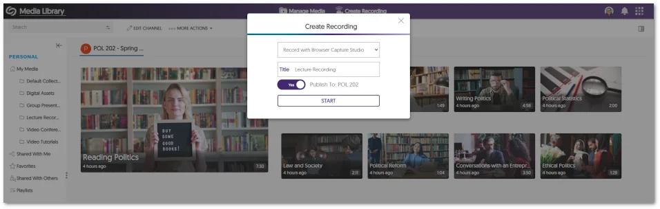 The option to publish recording into the Course Channel from the Create Recording panel.