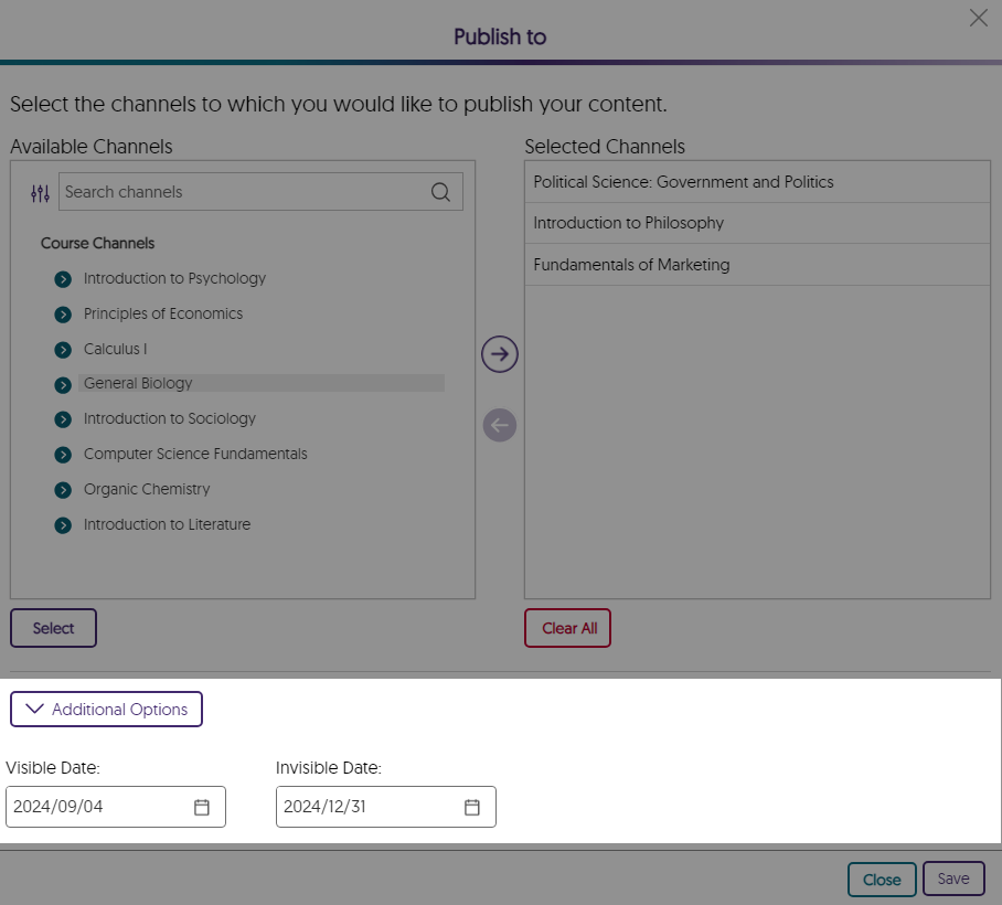 Additional options to set an invisible and visible dates are shown when publishing content.