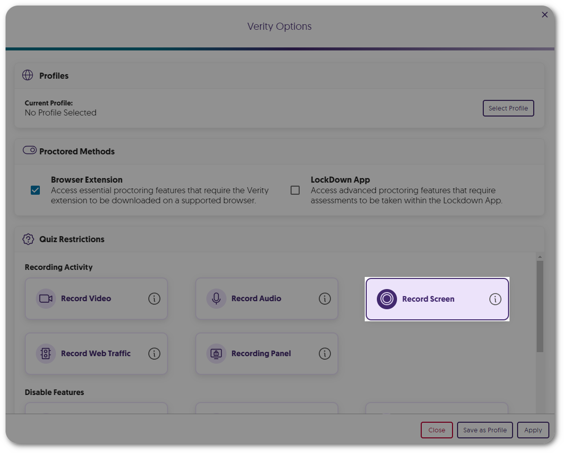 Record Screen option within Quiz Restrictions.