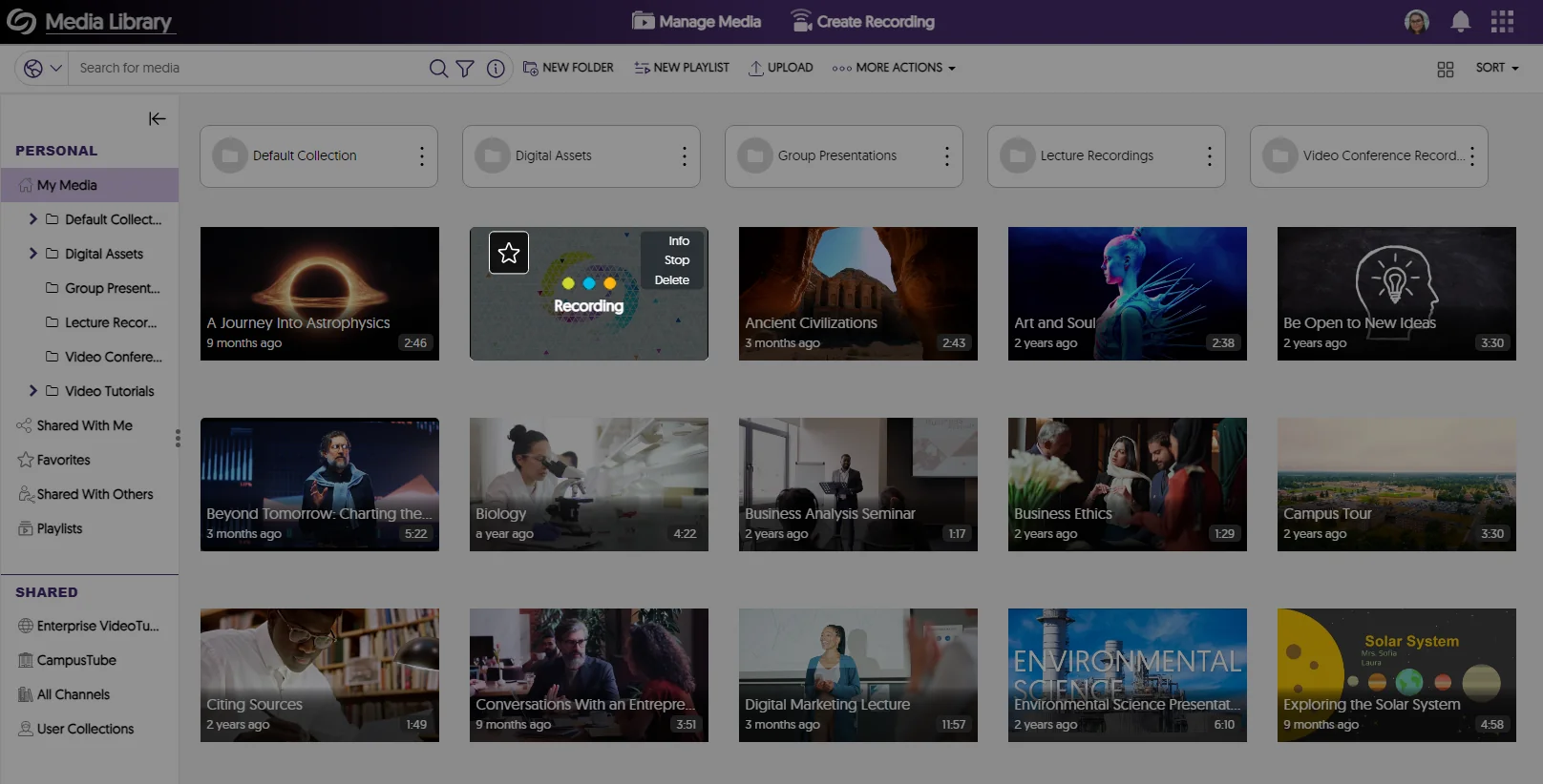 The stop action for an active recording is shown on the Video Platform.