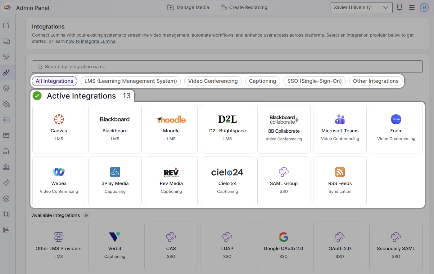The redesigned integrations page. At the top of the page is a search bar with categories underneath it. Under the cateories is the heading, Active Integrations, with the name and icon of every active integration underneath it in a 7 by 2 grid.