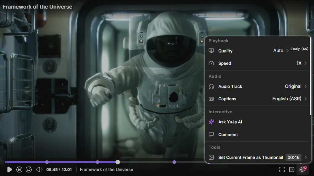 A video titled Framework of the Universe open, paused at a scene showing an astronaut moving within a spaceship. Overlayed is a redesigned video menu popup, with functions sorted in the categories Playback, Audio, Interactive, and Tools.