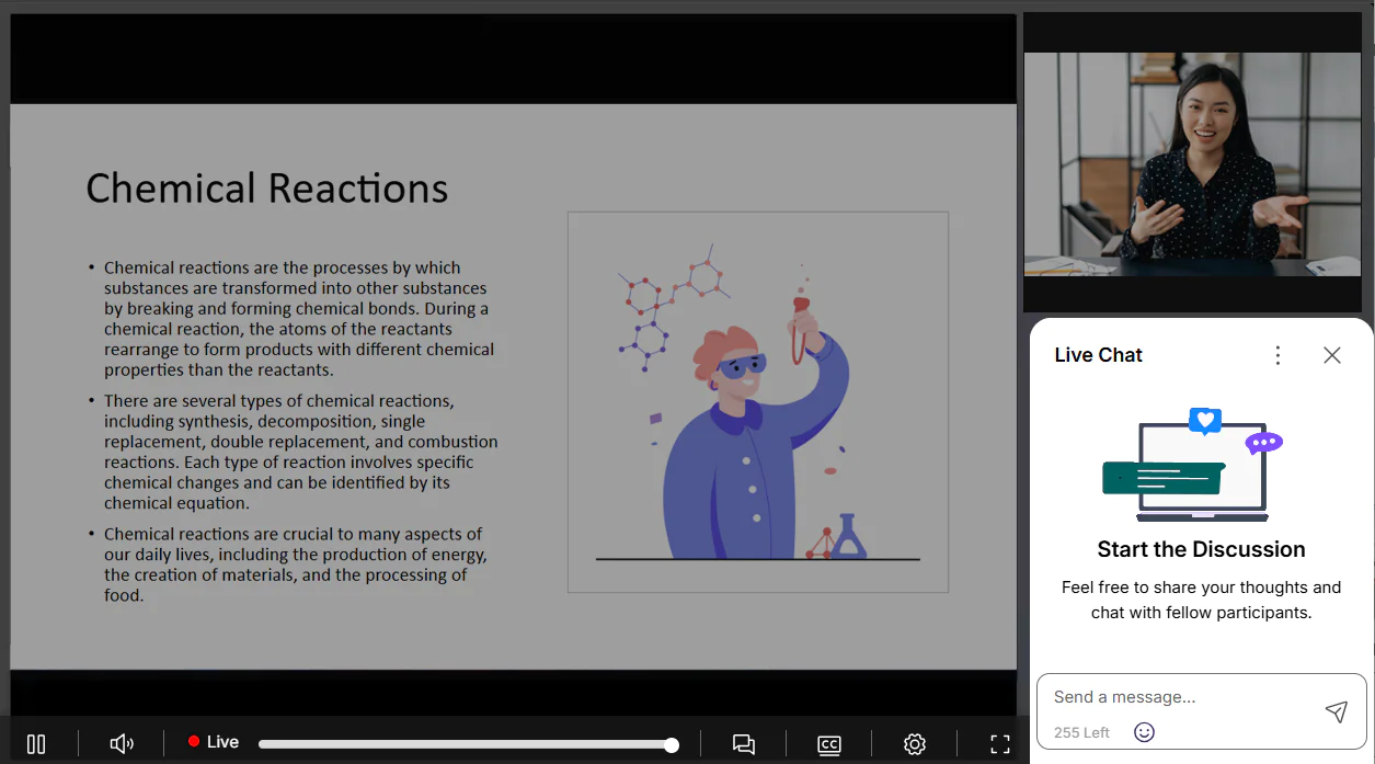 The multi-stream livestream layout with the main feed showing a PowerPoint enlarged on the left, a smaller webcam feed on the top right, and a live chat window open in the bottom right. The two video feeds are slightly darkened as they buffer to load a new multi-stream layout.