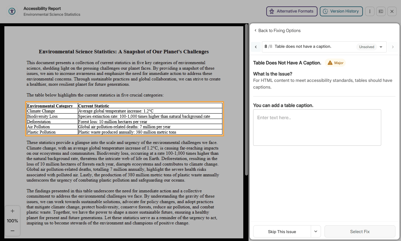 A Word document open in the accessibility report, with a side panel providing information on how to add a table caption.