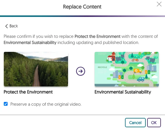 Replace Content modal showing the video that will be replaced. 
