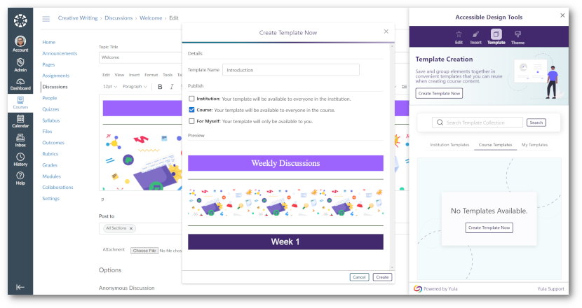A modal for naming templates, selecting publishing location, and previewing before saving.