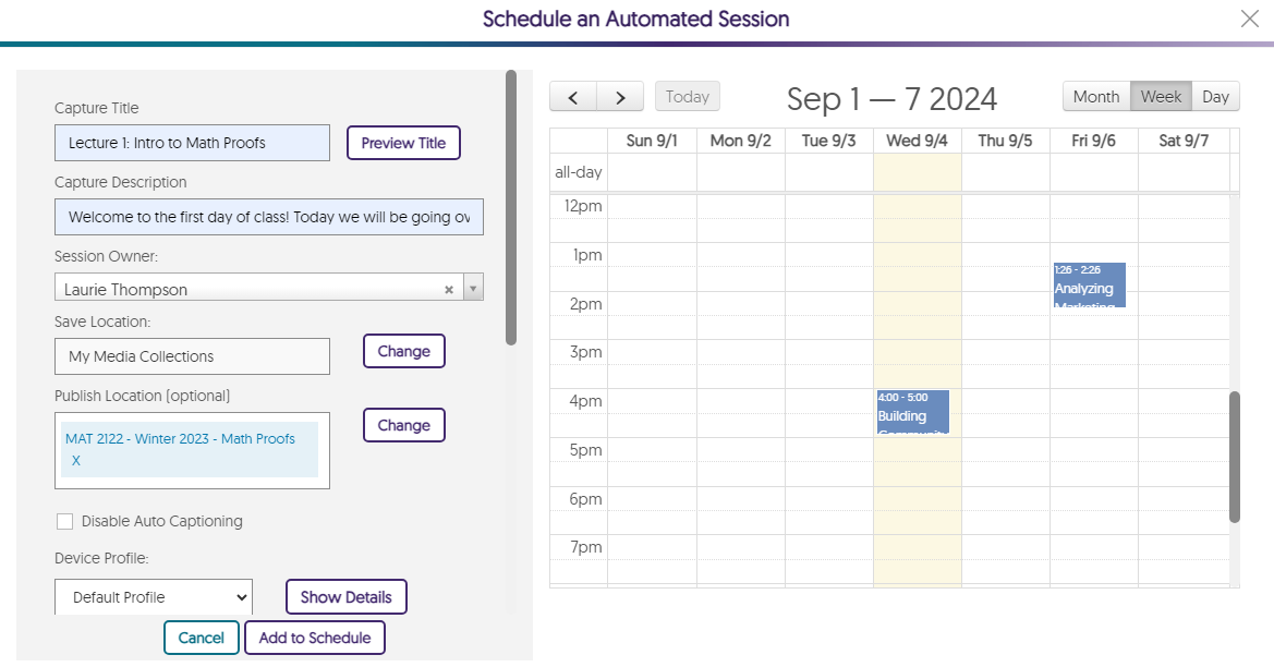 A session is shown scheduled ion the Video Platform.