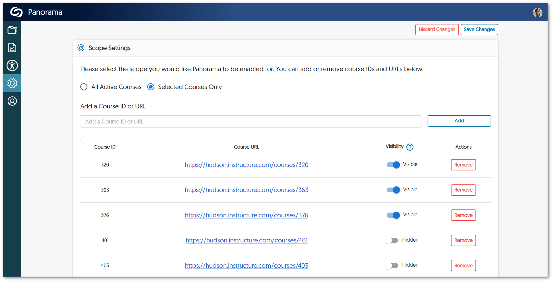 The new scope settings page featuring a list of selected courses. 