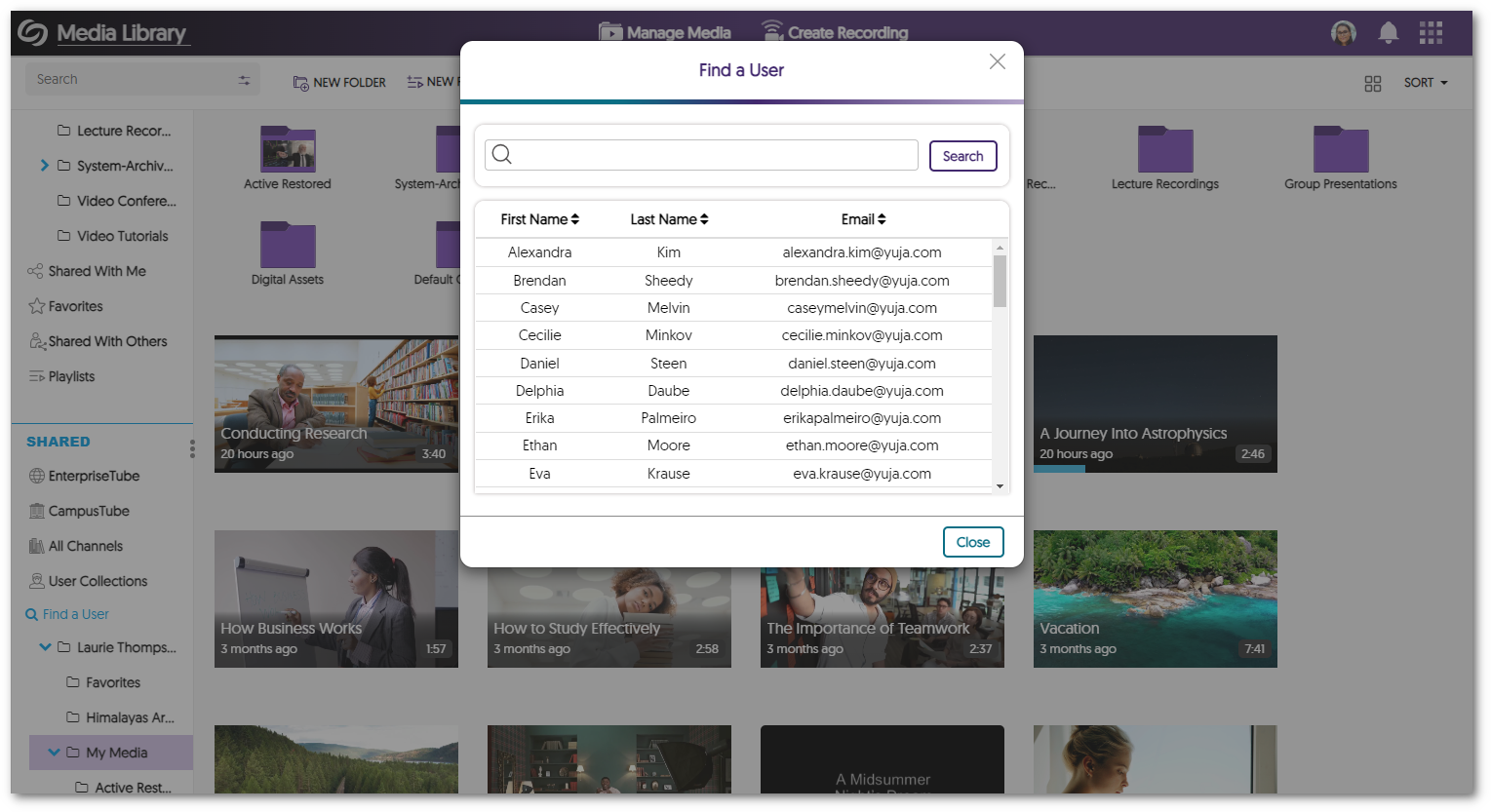 A user search modal within the Video Platform.