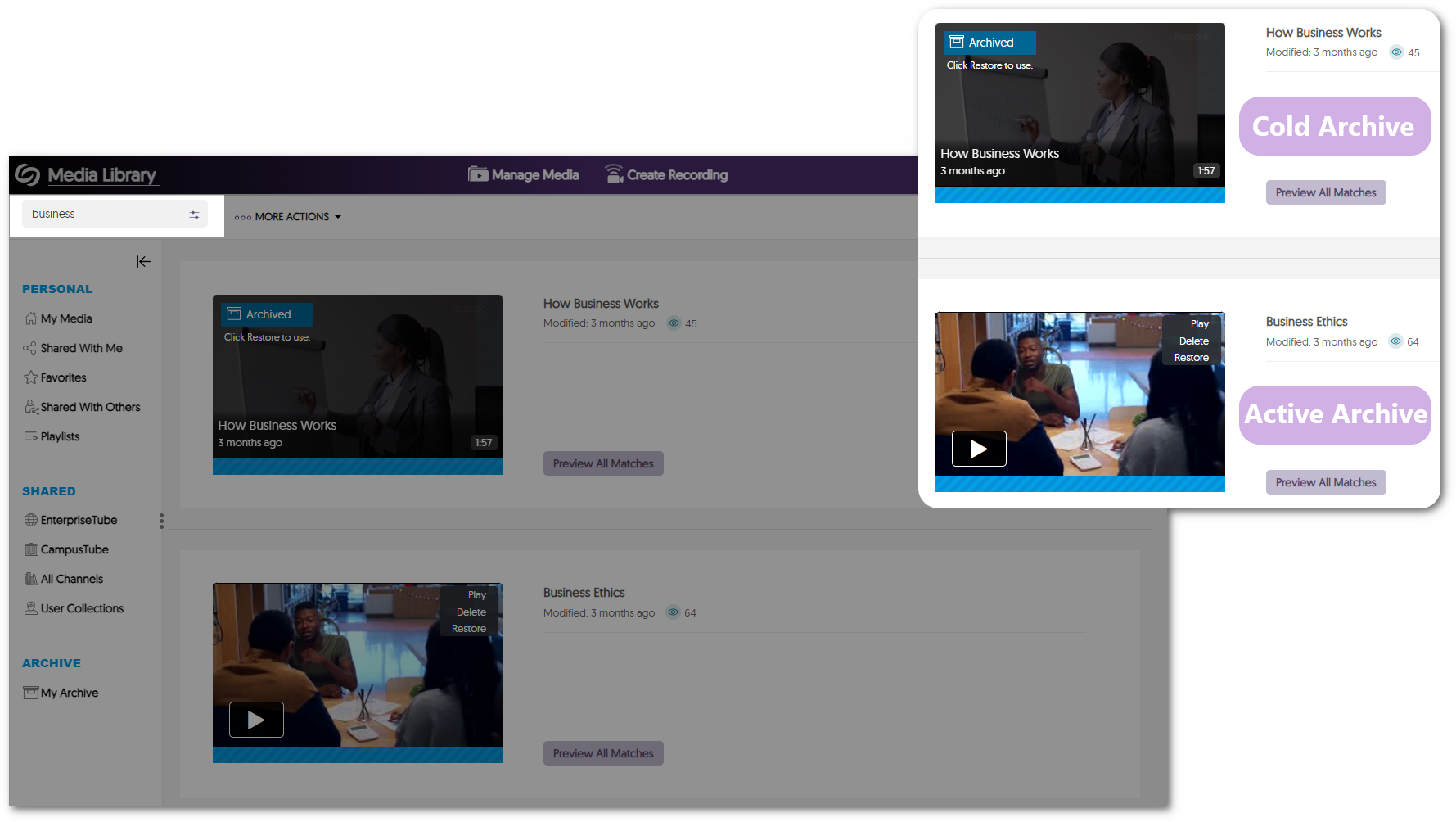 Search results are shown for cold and active archived content.