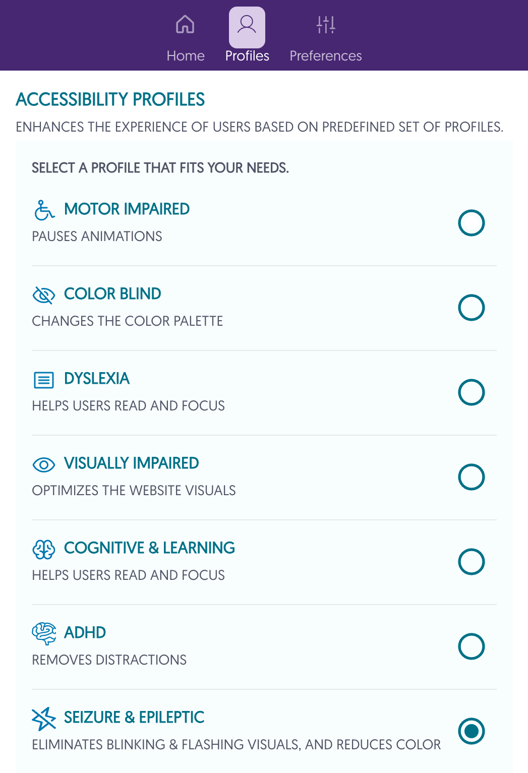 Pop-up of seizyre epileptic accessibility profile options.