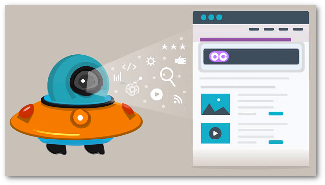 Robotic space alien scanning a web page.