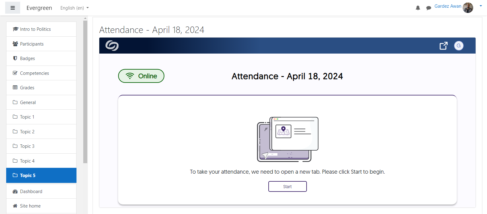 An attendance is shown inside Moodle.