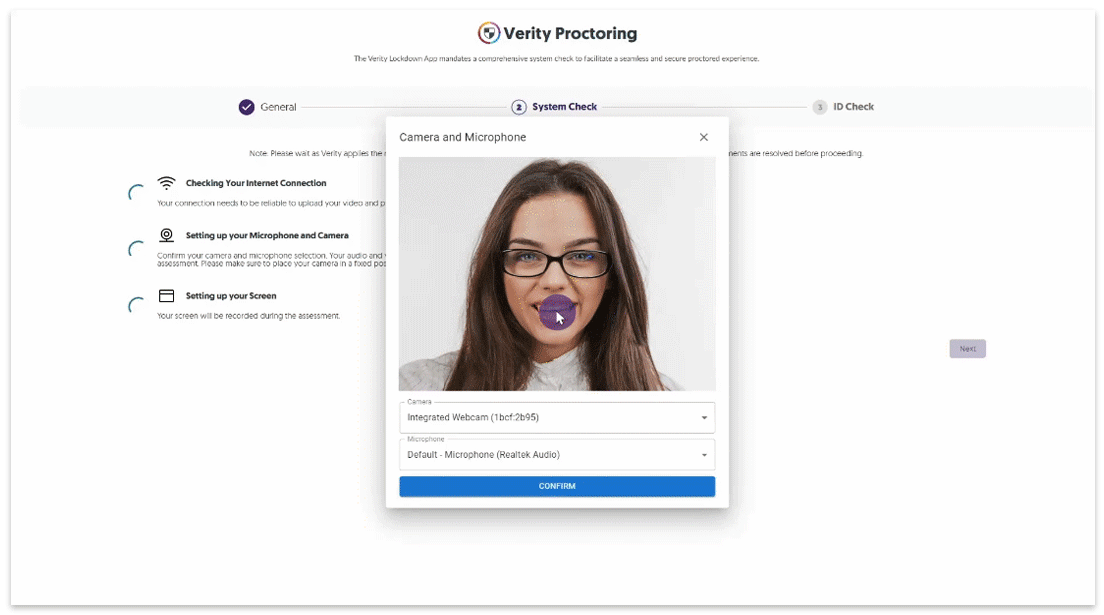Student completing the Verity setup before taking their assessment.