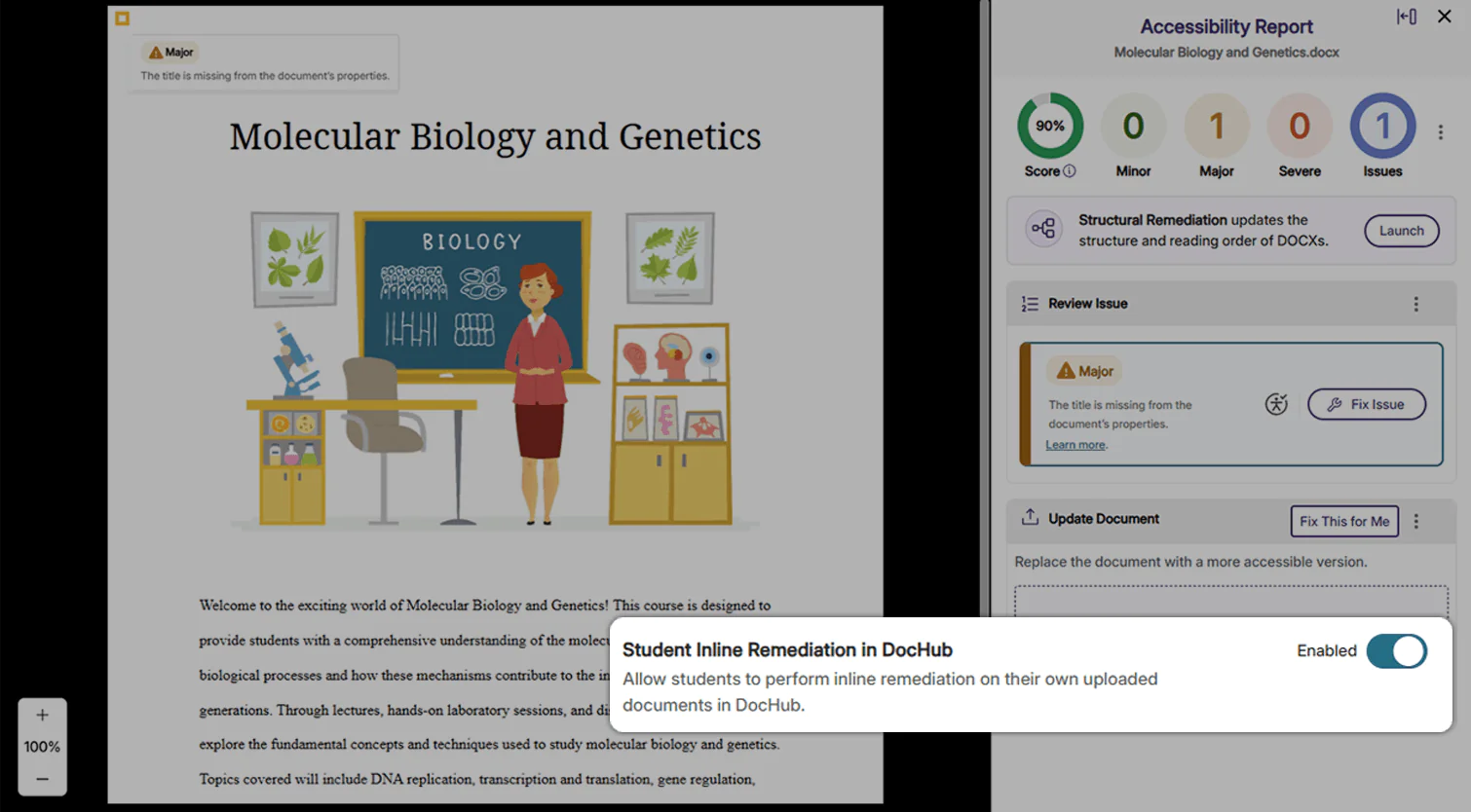 Document opened in the accessibility report with an overlayed image of an enabled setting toggle for a feature titled Student Inline Remediation In DocHub.