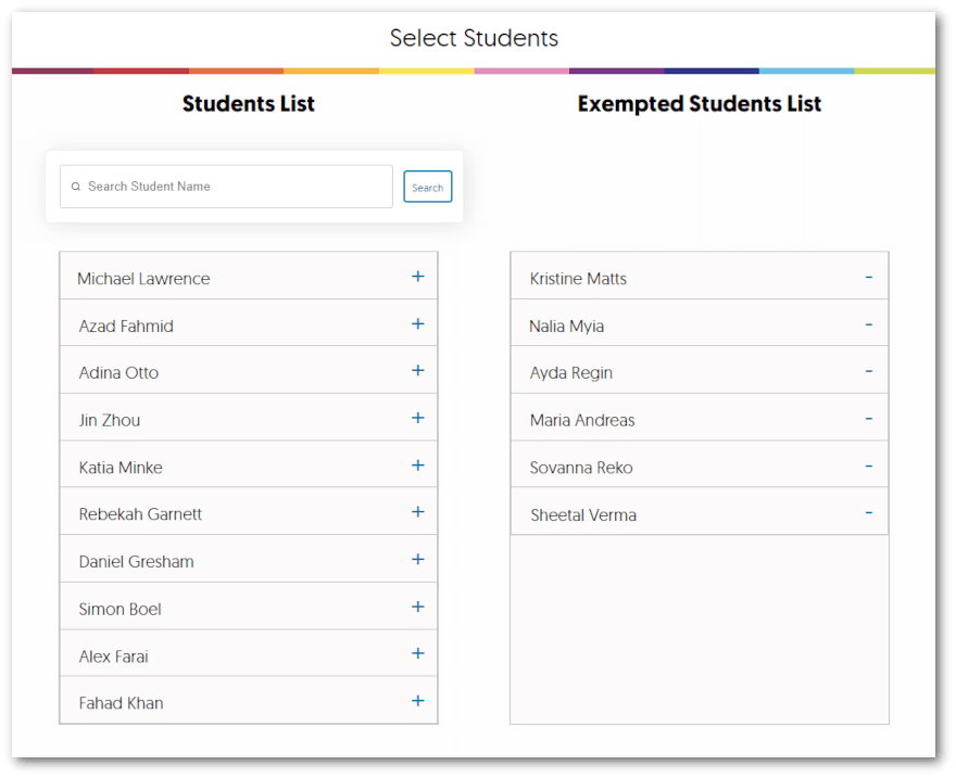The Student Exemption list features a list of all students and exempted students.