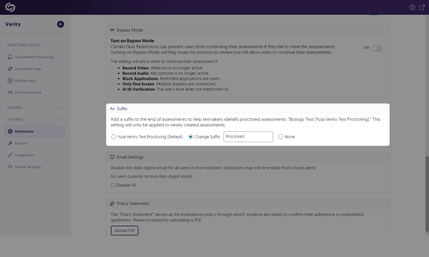 The suffix option is shown in Verity's settings. 