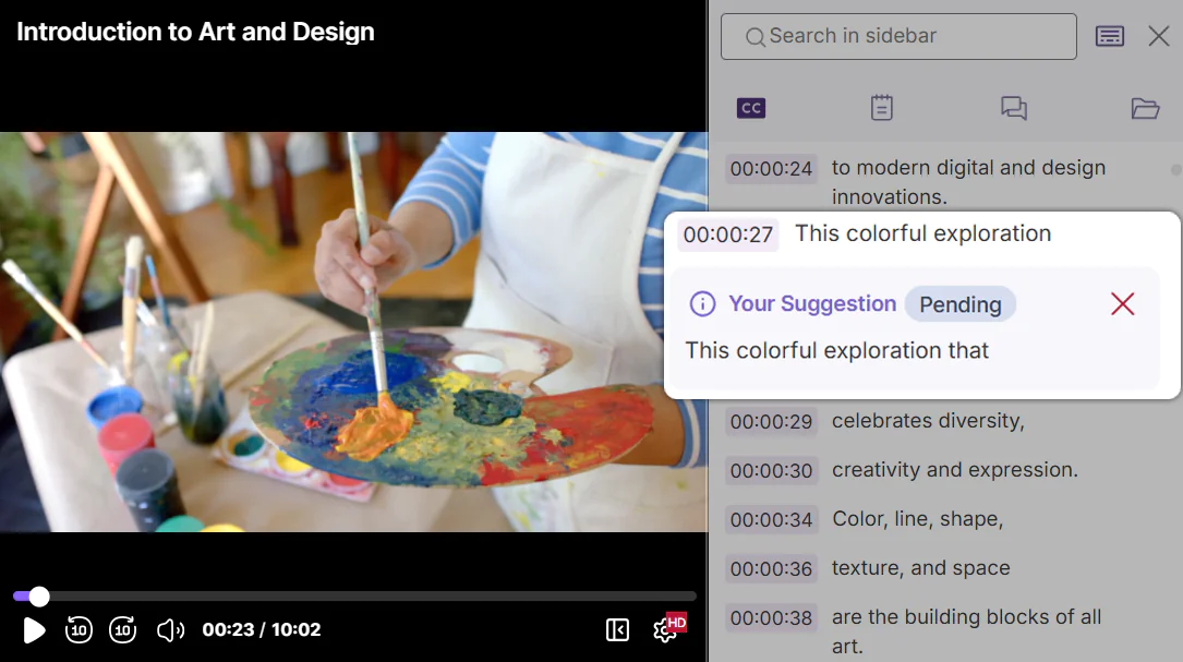 Video with the sidebar menu open, showing someone's pending suggested caption.
