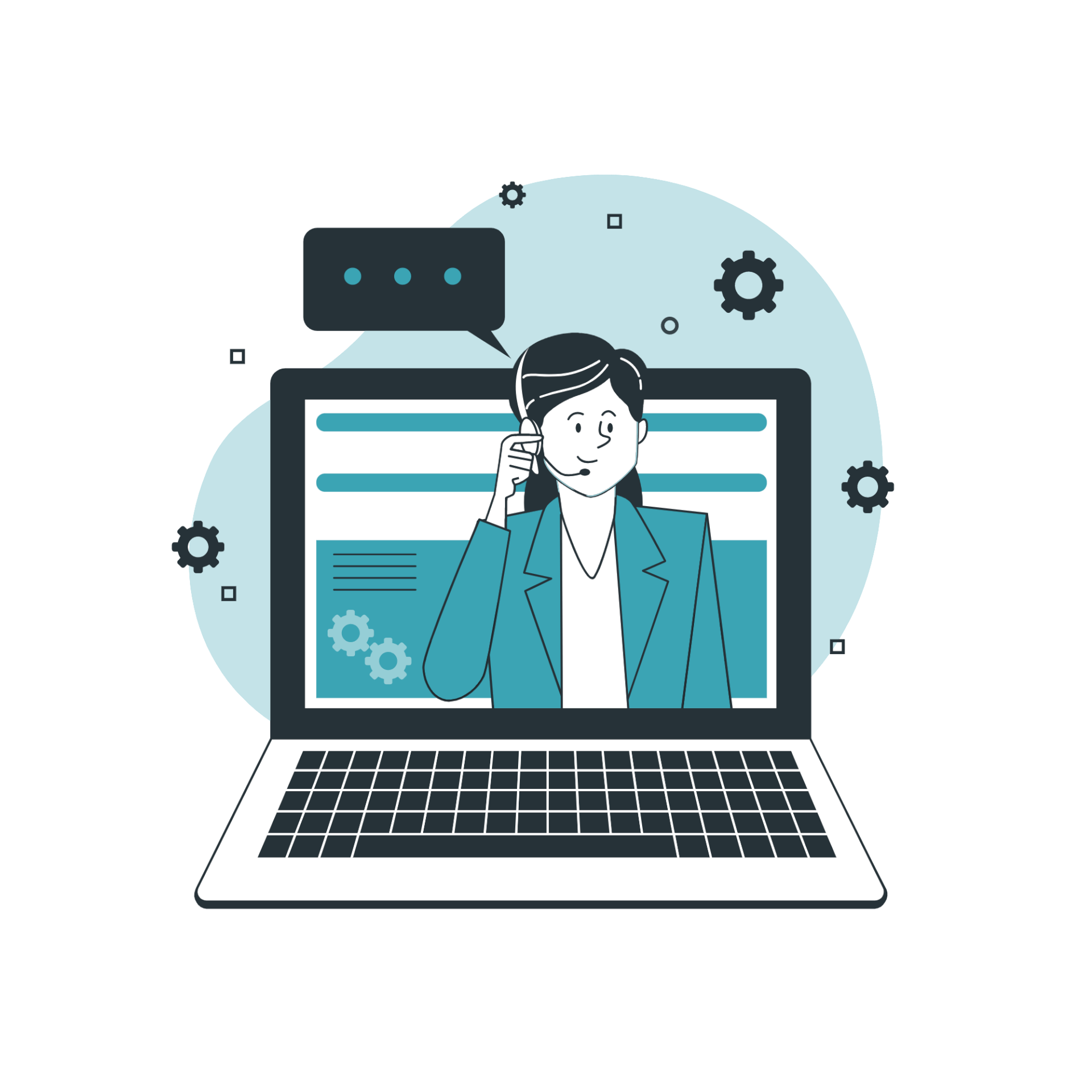 A vector illustration of a businesswoman multitasking on a laptop and phone.