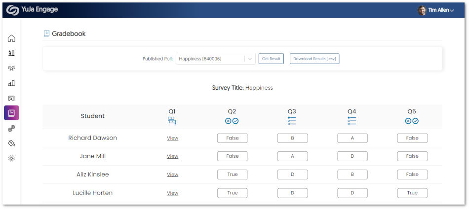 Survey shown within the Engage Gradebook.