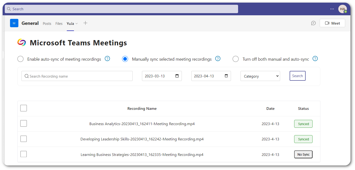 The YuJa teams app featuring a list of recordings to manually sync.
