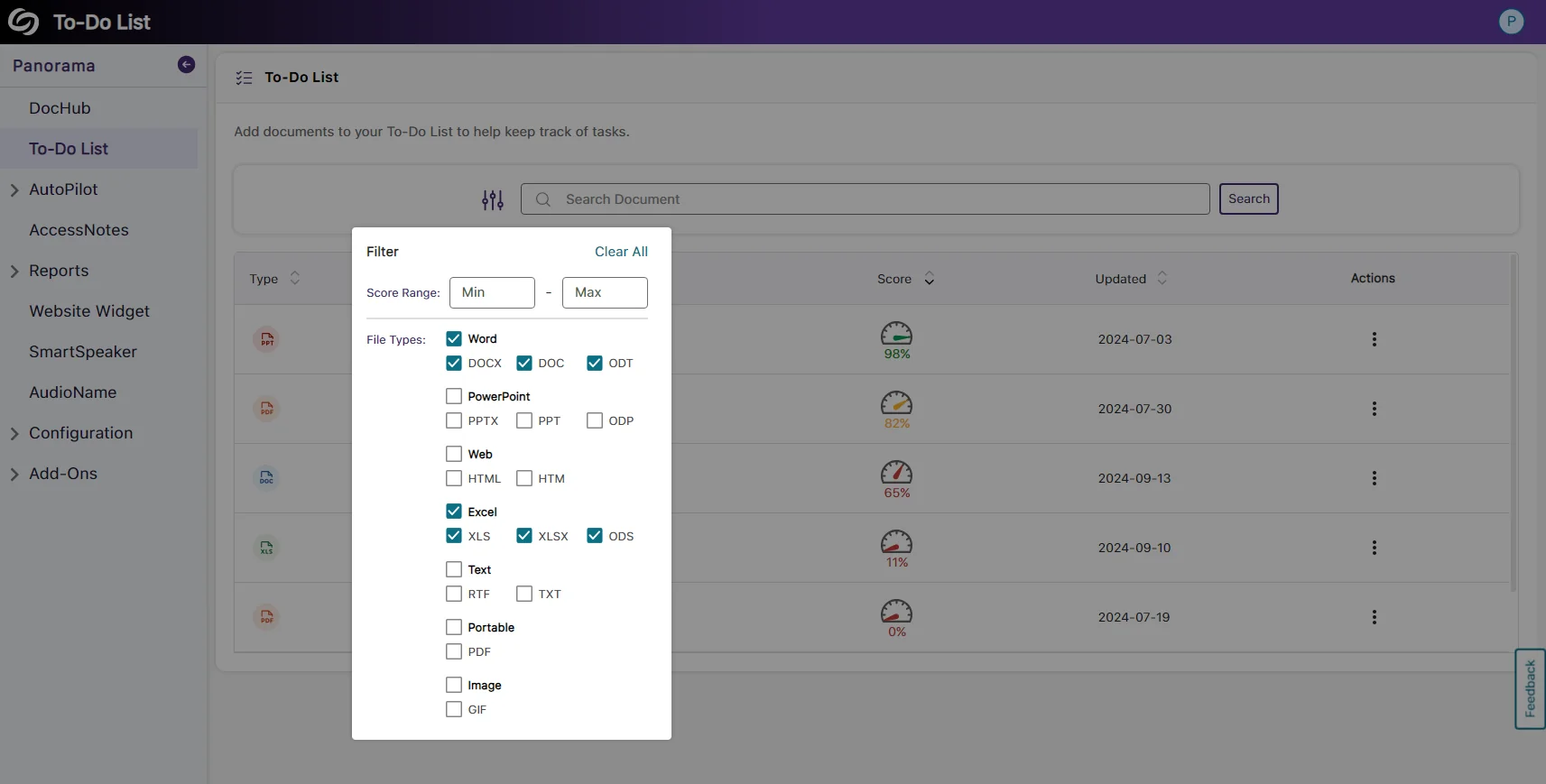 The To-Do List shows filters to search for content by the desired file type.