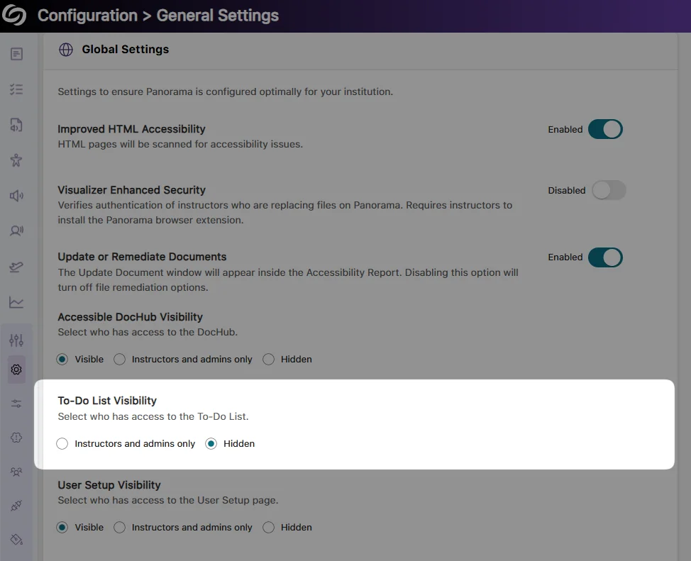 The General Settings page highlighting the new institution-wide setting to hide the To-Do List.